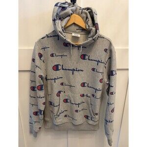 Men’s Vintage Champion Logo Hoodie Grey Reverse Weave Thick Sweatshirt Size Med